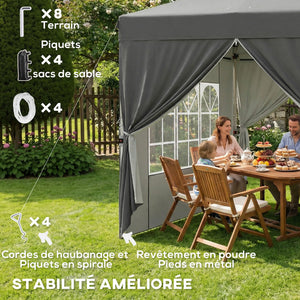 Tonnelle de jardin 2,5 x 2,5 m pop up tente pliante réglable en hauteur protection UV50+ tonnelle pliante avec 4 parois latérales 4 sacs de sable sac de transport montage facile gris foncé