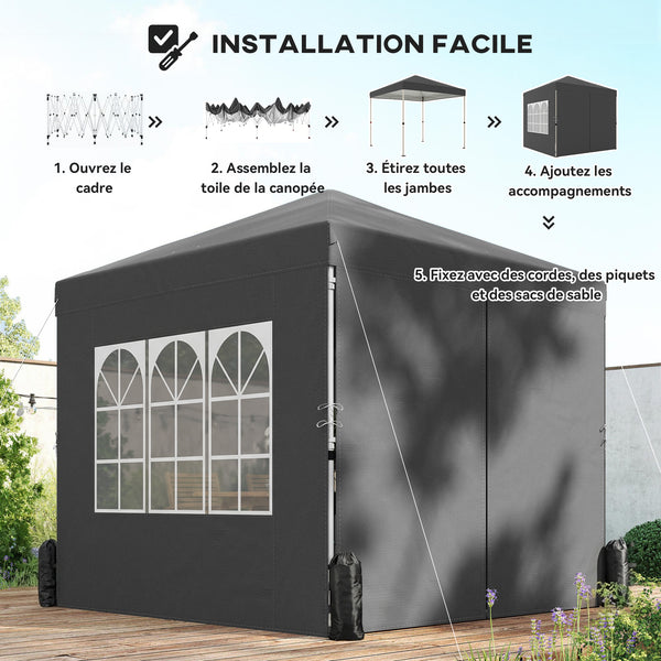 Tonnelle de jardin 2,5 x 2,5 m pop up tente pliante réglable en hauteur protection UV50+ tonnelle pliante avec 4 parois latérales 4 sacs de sable sac de transport montage facile gris foncé