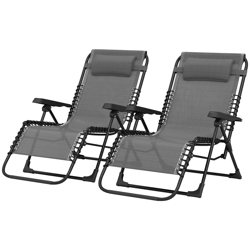 Lot de 2 bain de soleil, chaise longue pliante avec appuie-tête en textilène, transat jardin extérieur inclinable de plage camping piscine terrasse, 90 x 65 x 112 cm, gris