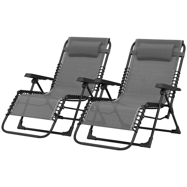 Lot de 2 bain de soleil, chaise longue pliante avec appuie-tête en textilène, transat jardin extérieur inclinable de plage camping piscine terrasse, 90 x 65 x 112 cm, gris