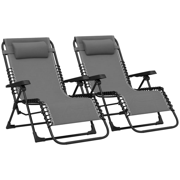 Lot de 2 bain de soleil, chaise longue pliante avec appuie-tête en textilène, transat jardin extérieur inclinable de plage camping piscine terrasse, 90 x 65 x 112 cm, gris