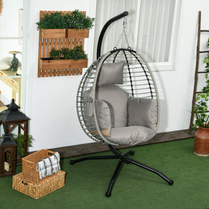 Fauteuil œuf Suspendu balancelle Pliante avec Coussin et Support Usage intérieur extérieur métal corde en polypropylène dim. 110L x 100l x 188H cm gris