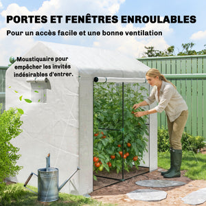 Serre de jardin PE, serre de balcon, bâche renforcée 135 g/m², châssis en acier, porte zippée enroulable, pour légumes plantes fleurs, intérieur et extérieur, 200 x 140 x 200 cm, blanc