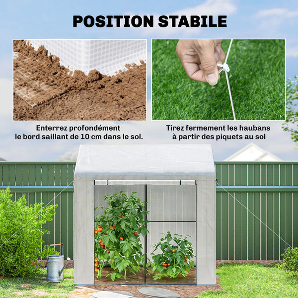 Serre de jardin PE, serre de balcon, bâche renforcée 135 g/m², châssis en acier, porte zippée enroulable, pour légumes plantes fleurs, intérieur et extérieur, 200 x 140 x 200 cm, blanc