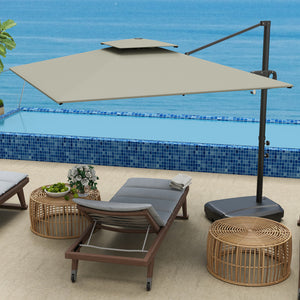 Parasol déporté carré 2,5 x 2,5 m, parasol de jardin extérieur avec manivelle, 2 bases incluses, toile polyester 200 g/m², double toit, 8 baleines, gris clair