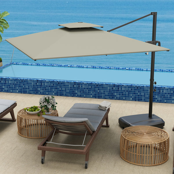 Parasol déporté carré 2,5 x 2,5 m, parasol de jardin extérieur avec manivelle, 2 bases incluses, toile polyester 200 g/m², double toit, 8 baleines, gris clair