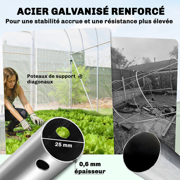 Serre Tunnel de Jardin 12m² Transparent Film PO Anti-goutte Acier Galvanisé 25mm - Structure Renforcée 2 Portes Battantes Robuste - Serre pour Tomates 2,7m Culture d'Hiver Potager