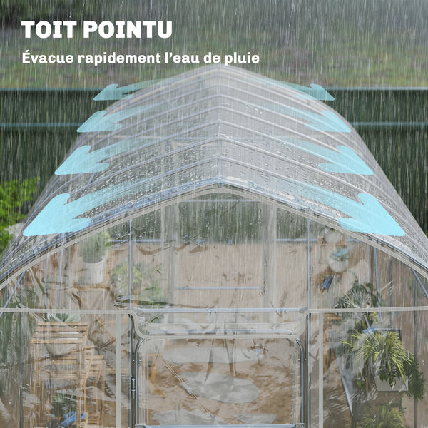 Serre Tunnel de Jardin 12m² Transparent Film PO Anti-goutte Acier Galvanisé 25mm - Structure Renforcée 2 Portes Battantes Robuste - Serre pour Tomates 2,7m Culture d'Hiver Potager