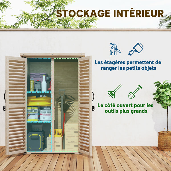 Armoire de Jardin Remise pour Outils en Bois 2 Étagères Toit Bitumé Portes Persiennes Verrouillable 75 x 50 x 118cm Naturel