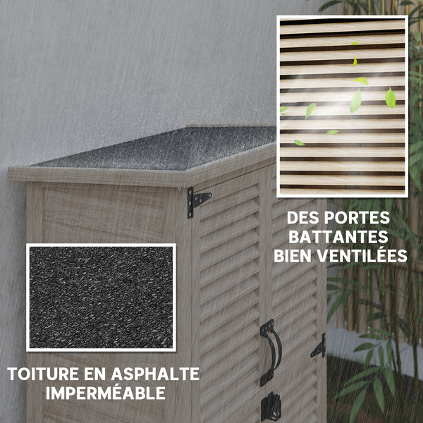 Armoire de Jardin Remise pour Outils en Bois 2 Étagères Toit Bitumé Portes Persiennes Verrouillable 75 x 50 x 118cm Naturel