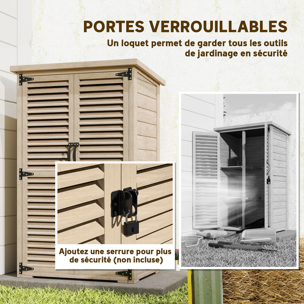 Armoire de Jardin Remise pour Outils en Bois 2 Étagères Toit Bitumé Portes Persiennes Verrouillable 75 x 50 x 118cm Naturel