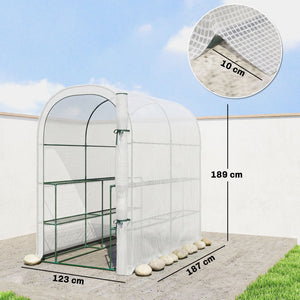 Serre de jardin avec étagères, 123 x 187 x 189 cm, petite serre avec porte enroulable, bâche PE haute densité 140 g/m², prolongée de 10 cm, blanc