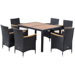 Ensemble salon de jardin 6 personnes grande table à manger rectangulaire + 6 fauteuils & coussins lavables acier résine tressée PE bois d'acacia noir et beige