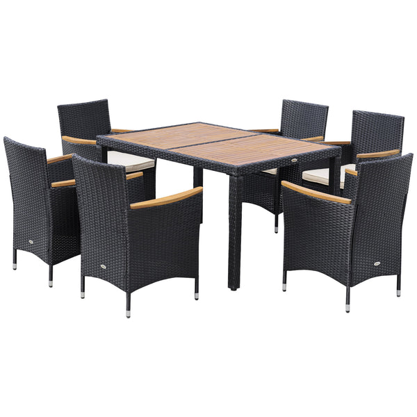 Ensemble salon de jardin 6 personnes grande table à manger rectangulaire + 6 fauteuils & coussins lavables acier résine tressée PE bois d'acacia noir et beige