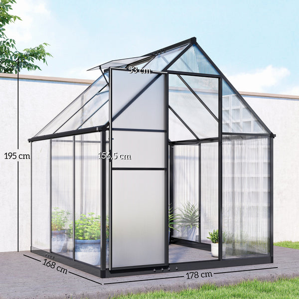 Serre de jardin en aluminium polycarbonate 3 ㎡ 178x168cm, serre avec fenêtre réglable porte battante, abri extérieur résistant aux intempéries pour plante fleur potager semis, transparent