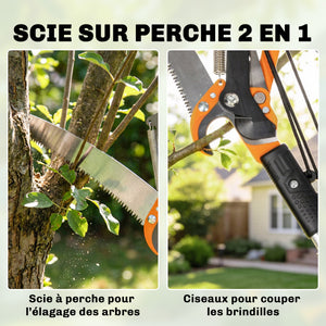 Élagueur télescopique 2 en 1, scie manuelle, sécateur avec verrou de sécurité, perche télescopique en aluminium 2 m avec lame tranchante, pour palmiers, arbustes et branches hautes
