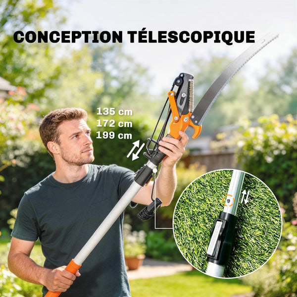 Élagueur télescopique 2 en 1, scie manuelle, sécateur avec verrou de sécurité, perche télescopique en aluminium 2 m avec lame tranchante, pour palmiers, arbustes et branches hautes