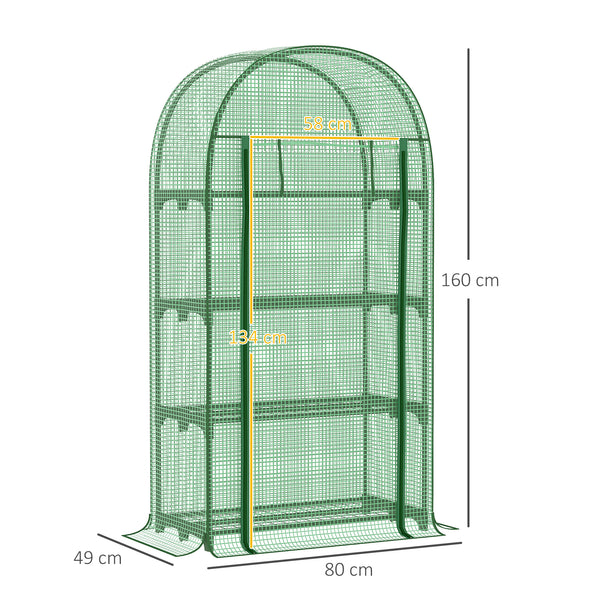 Serre de jardin PE avec étagères 4 niveaux, serre de balcon, bâche renforcée 130 g/m², châssis en acier, porte zippée enroulable, pour légumes plantes fleurs, 80 x 49 x 160 cm, vert