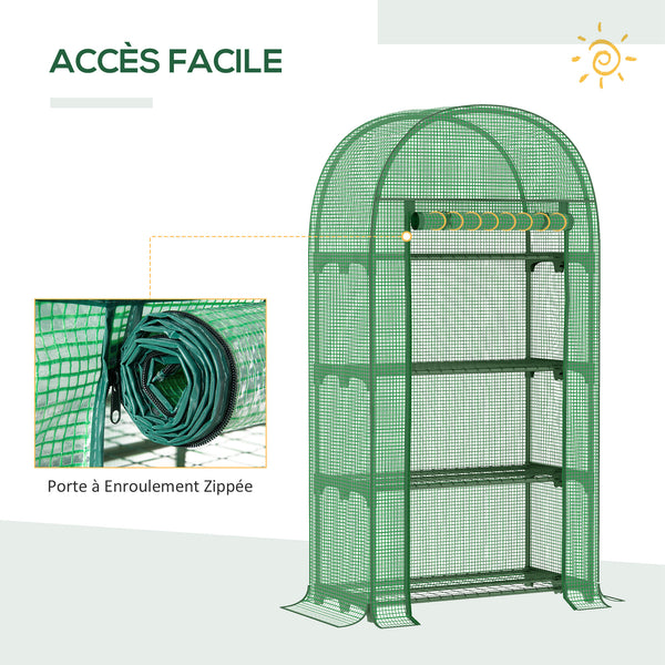 Serre de jardin PE avec étagères 4 niveaux, serre de balcon, bâche renforcée 130 g/m², châssis en acier, porte zippée enroulable, pour légumes plantes fleurs, 80 x 49 x 160 cm, vert