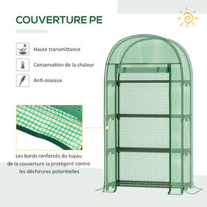 Serre de jardin PE avec étagères 4 niveaux, serre de balcon, bâche renforcée 130 g/m², châssis en acier, porte zippée enroulable, pour légumes plantes fleurs, 80 x 49 x 160 cm, vert