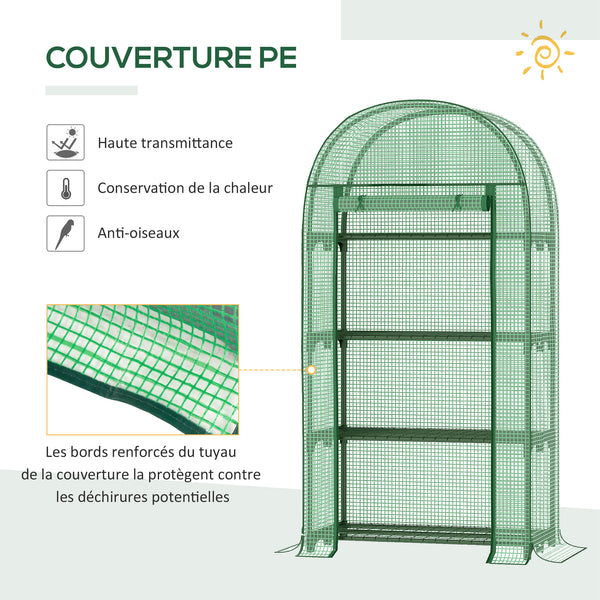 Serre de jardin PE avec étagères 4 niveaux, serre de balcon, bâche renforcée 130 g/m², châssis en acier, porte zippée enroulable, pour légumes plantes fleurs, 80 x 49 x 160 cm, vert