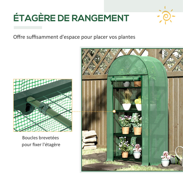Serre de jardin PE avec étagères 4 niveaux, serre de balcon, bâche renforcée 130 g/m², châssis en acier, porte zippée enroulable, pour légumes plantes fleurs, 80 x 49 x 160 cm, vert