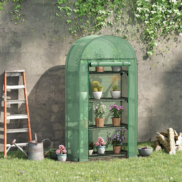 Serre de jardin PE avec étagères 4 niveaux, serre de balcon, bâche renforcée 130 g/m², châssis en acier, porte zippée enroulable, pour légumes plantes fleurs, 80 x 49 x 160 cm, vert