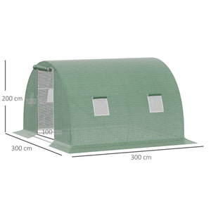 Serre de Jardin Tunnel 9 m² dim. 3L x 3l x 2H m - 4 fenêtres, Porte zippée Enroulable - châssis Tubulaire Acier galvanisé, bâche PE Haute densité Vert