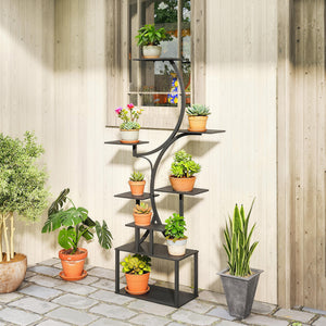 Étagère à fleurs en métal à 8 niveaux, étagère à plantes en forme de S 158,5 cm, support de plantes, intérieur et extérieur, pour jardin, balcon, terrasse ou coin du salon, noir