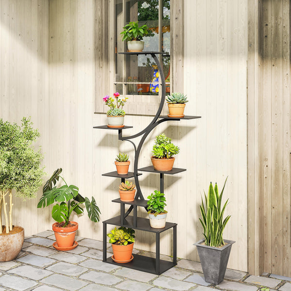Étagère à fleurs en métal à 8 niveaux, étagère à plantes en forme de S 158,5 cm, support de plantes, intérieur et extérieur, pour jardin, balcon, terrasse ou coin du salon, noir