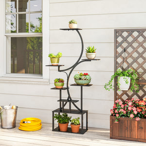 Étagère à fleurs en métal à 8 niveaux, étagère à plantes en forme de S 158,5 cm, support de plantes, intérieur et extérieur, pour jardin, balcon, terrasse ou coin du salon, noir