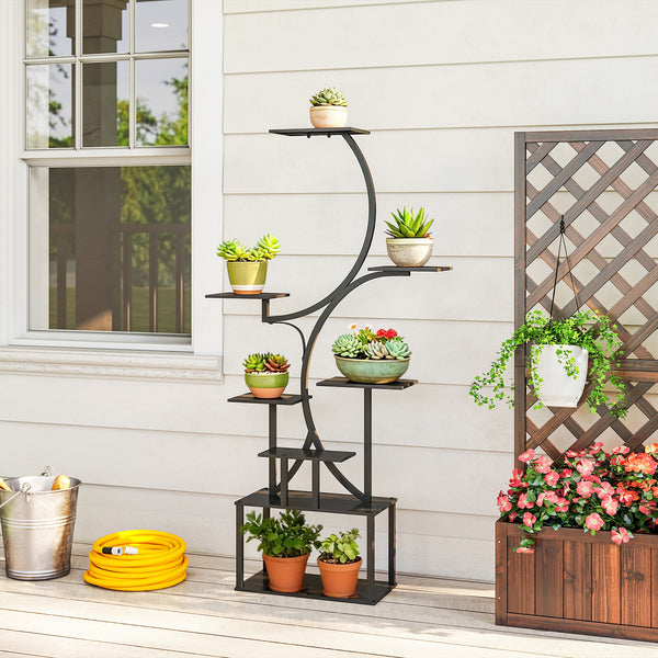Étagère à fleurs en métal à 8 niveaux, étagère à plantes en forme de S 158,5 cm, support de plantes, intérieur et extérieur, pour jardin, balcon, terrasse ou coin du salon, noir