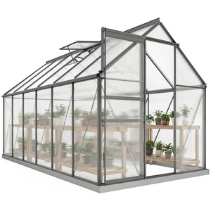Serre de Jardin 7 m² en Aluminium Polycarbonate avec Fondation, 190 x 375 x 199 cm, Serre avec Fenêtre Réglable et Porte Coulissante, Abri Extérieur Résistant aux Intempéries, Gris Foncé
