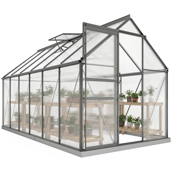 Serre de Jardin 7 m² en Aluminium Polycarbonate avec Fondation, 190 x 375 x 199 cm, Serre avec Fenêtre Réglable et Porte Coulissante, Abri Extérieur Résistant aux Intempéries, Gris Foncé