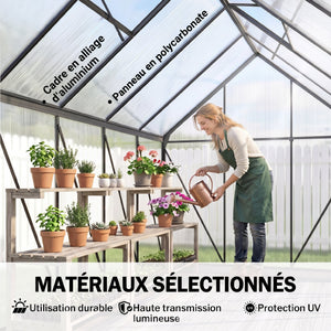 Serre de Jardin 7 m² en Aluminium Polycarbonate avec Fondation, 190 x 375 x 199 cm, Serre avec Fenêtre Réglable et Porte Coulissante, Abri Extérieur Résistant aux Intempéries, Gris Foncé
