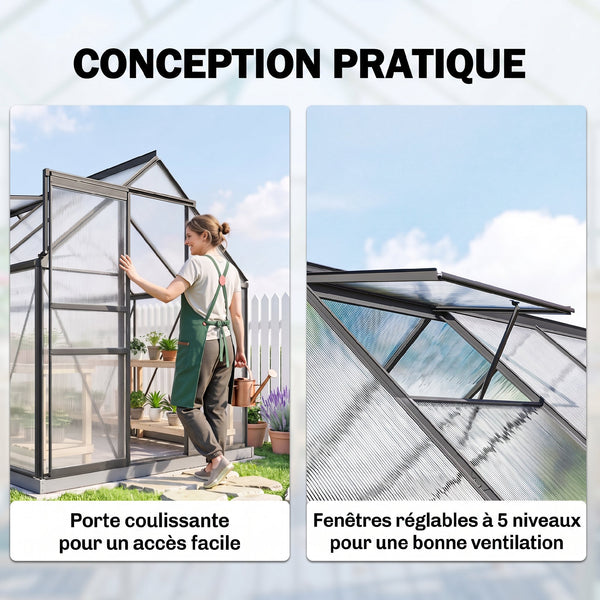 Serre de Jardin 7 m² en Aluminium Polycarbonate avec Fondation, 190 x 375 x 199 cm, Serre avec Fenêtre Réglable et Porte Coulissante, Abri Extérieur Résistant aux Intempéries, Gris Foncé