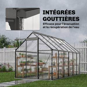 Serre de Jardin 7 m² en Aluminium Polycarbonate avec Fondation, 190 x 375 x 199 cm, Serre avec Fenêtre Réglable et Porte Coulissante, Abri Extérieur Résistant aux Intempéries, Gris Foncé