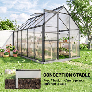 Serre de Jardin 7 m² en Aluminium Polycarbonate avec Fondation, 190 x 375 x 199 cm, Serre avec Fenêtre Réglable et Porte Coulissante, Abri Extérieur Résistant aux Intempéries, Gris Foncé