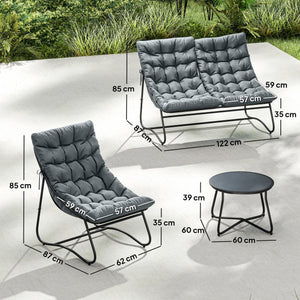 Salon de Jardin 4 Pièces avec Coussins Épais 8cm - Ensemble Mobilier Extérieur en Acier et Textilène Respirant - Table Basse en Verre Trempé pour Terrasse Balcon Moderne, Gris