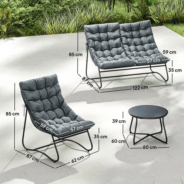 Salon de Jardin 4 Pièces avec Coussins Épais 8cm - Ensemble Mobilier Extérieur en Acier et Textilène Respirant - Table Basse en Verre Trempé pour Terrasse Balcon Moderne, Gris