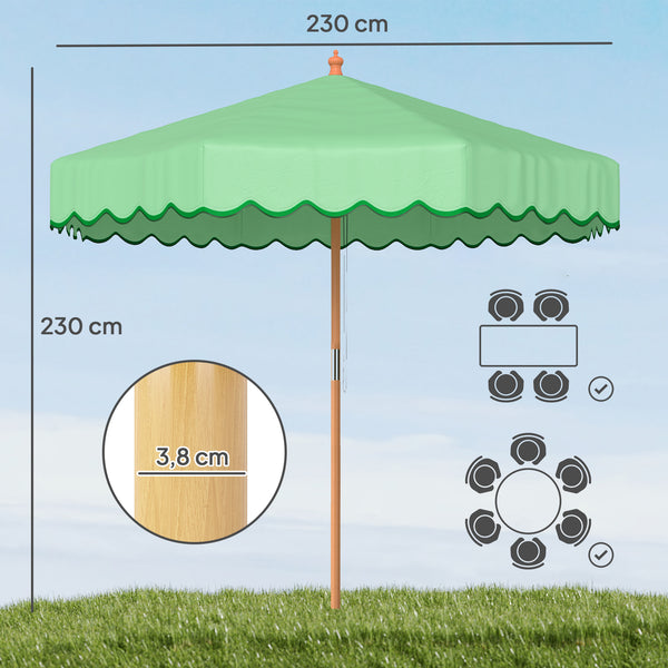 Parasol de Jardin Rond avec Volants - Parasol Terrasse Rétro Chic 230cm Aspect Bois - Protection Solaire UV Extérieur pour Balcon et Mobilier de Jardin, Vert Clair