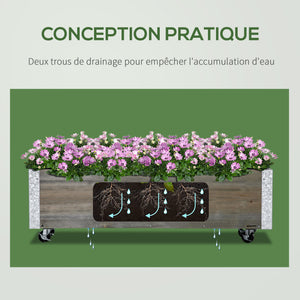 Jardinière sur roulettes - jardinière rectangulaire - Inserts d'irrigation, Feutre de Drainage Inclus - métal Bois massif, gris