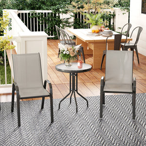 3 pièces salon de jardin extérieur, ensemble de meubles 2 fauteuils empilables, table basse avec dessus en verre trempé, tissu en textilène, pour patio, terrasse, balcon, gris clair