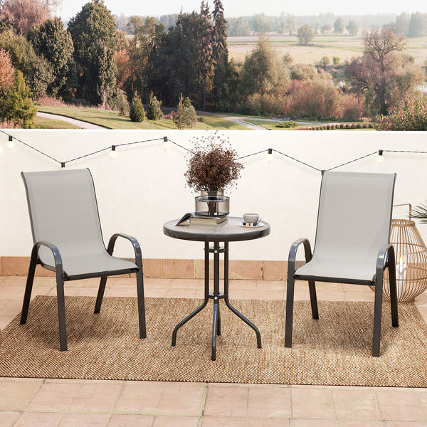 3 pièces salon de jardin extérieur, ensemble de meubles 2 fauteuils empilables, table basse avec dessus en verre trempé, tissu en textilène, pour patio, terrasse, balcon, gris clair