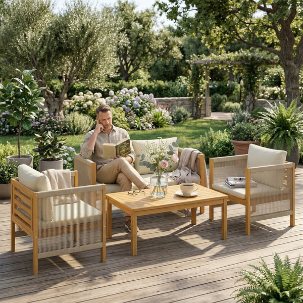 Ensemble de mobilier de jardin en bois pour 4 personnes salon de jardin avec canapé 2 places 2 fauteuils table tressée design à lames coussins lavables, mobilier d'extérieur balcon terrasse pour jardin balcon Beige