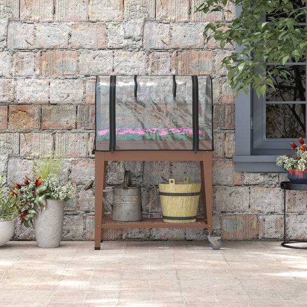 Jardinière surélevée potager avec bâche transparente, mini serre de jardin, 2 roulettes et 1 étagère inférieure pour légumes, fleurs, potager, dim. 80L x 40l x 120H cm, marron