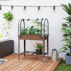 Jardinière surélevée potager avec bâche transparente, mini serre de jardin, 2 roulettes et 1 étagère inférieure pour légumes, fleurs, potager, dim. 80L x 40l x 120H cm, marron