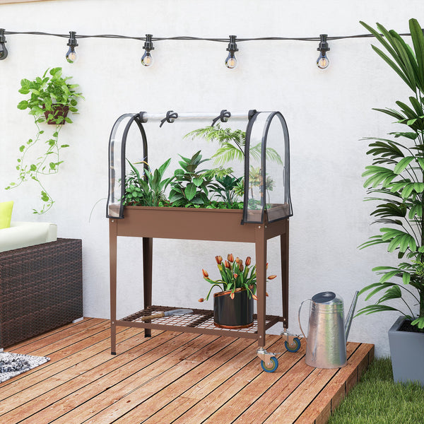 Jardinière surélevée potager avec bâche transparente, mini serre de jardin, 2 roulettes et 1 étagère inférieure pour légumes, fleurs, potager, dim. 80L x 40l x 120H cm, marron