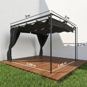 Pergola de Jardin 3x3m en Métal Robuste avec Toit Rétractable et Rideaux - Tonnelle de Terrasse avec Système de Poulie - 9m² Abri Extérieur Stable pour Salon de Jardin Gris Anthracite
