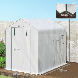 Serre de jardin PE avec étagères 3 niveaux, serre d'extérieur avec bâche renforcée 135 g/m² anti-UV, châssis en acier, portes zippées enroulables et fenêtres en maille, 143x215x190cm, blanc